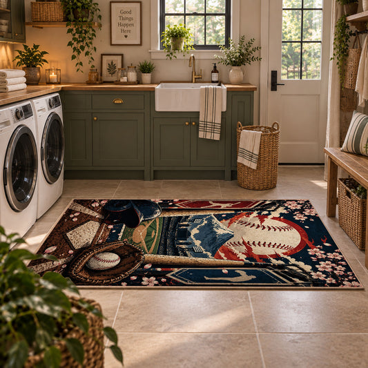 ballpark baseball gear scene area rug displayed in a laundry room