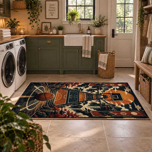 City Hoop Basketball Rug displayed in a modern laundry room