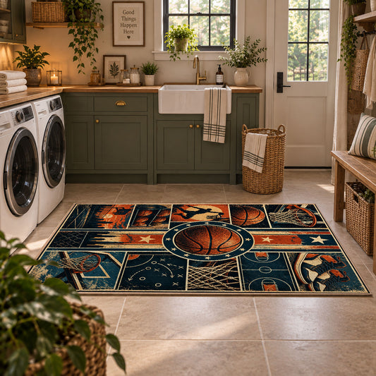 Neon City Basketball Collage Rug displayed in a modern laundry room