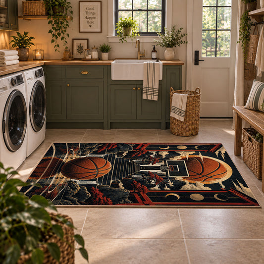 Dark Basketball Equipment Collage Rug displayed in a modern laundry room