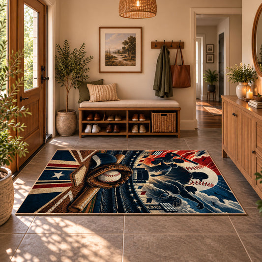 patriotic baseball star emblem area rug displayed in a entryway