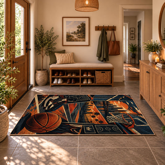Oversized Basketball City Court Rug displayed in a welcoming entryway