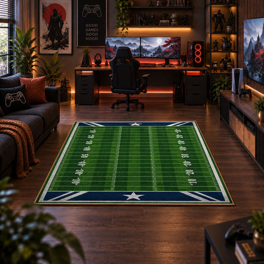 minimal green football field area rug displayed in a gaming room