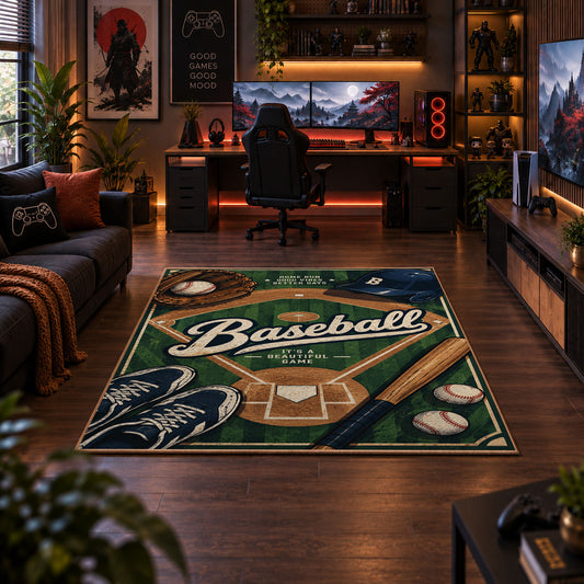 green baseball glove emblem area rug displayed in a gaming room