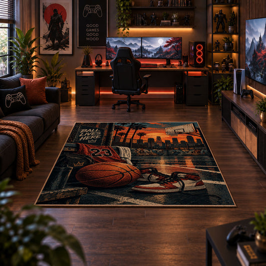 Urban Street Basketball Rug displayed in a gaming room