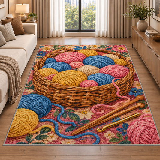 Basket of Yarn Rug in a bright living room with a sofa