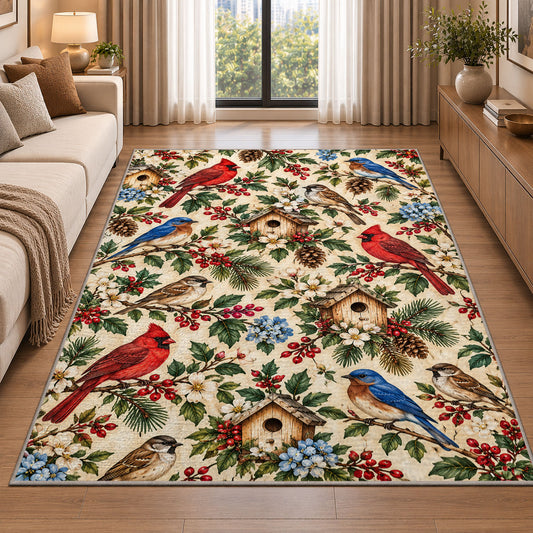 Backyard Birds Pattern Rug in a bright living room with a sofa