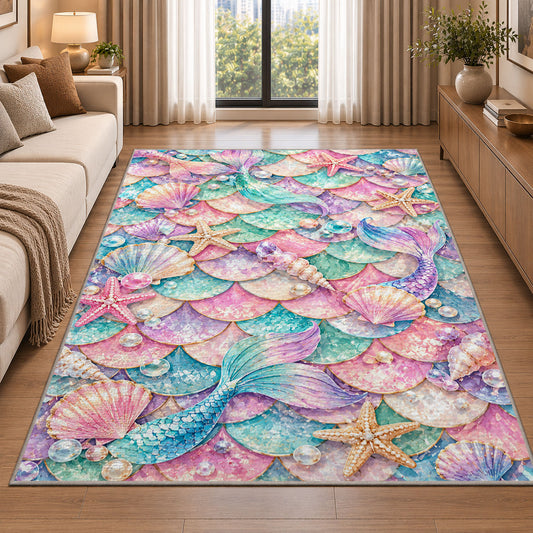 Mermaid Scales and Shells Pattern Rug in a bright living room with a sofa