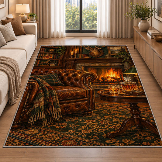 Man Cave Fireplace Rug in a bright living room with a sofa