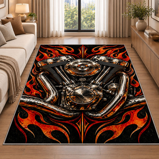 V-Twin Engine Flames Rug in a bright living room with a sofa