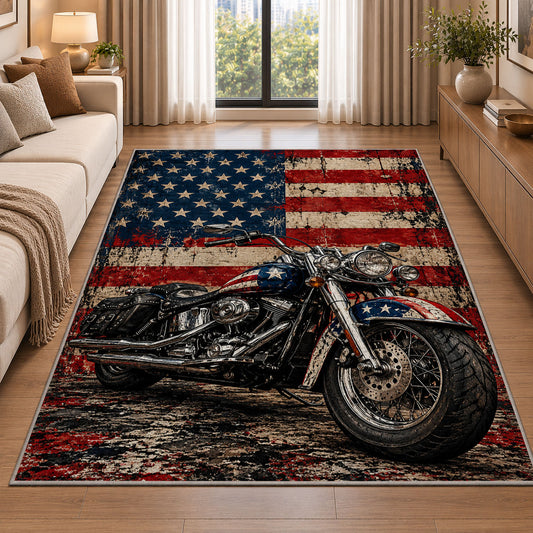 Motorcycle and American Flag Rug in a bright living room with a sofa