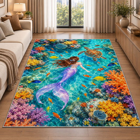 Coral Reef Mermaid Top View Rug in a bright living room with a sofa
