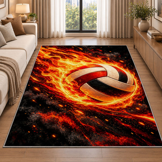 Flaming Volleyball Rug in a bright living room with a sofa