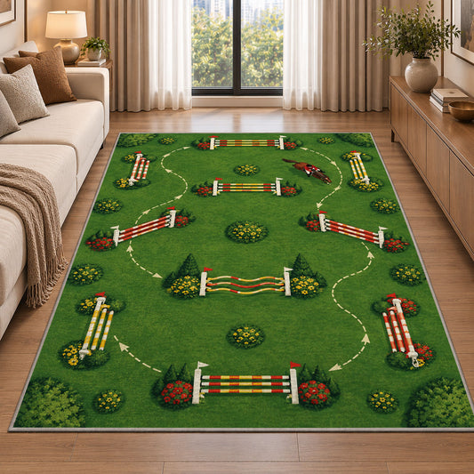 Show Jumping Course Top View Rug in a bright living room with a sofa