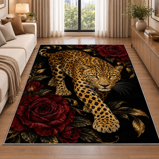 Leopard on Black with Roses Rug in a bright living room with a sofa