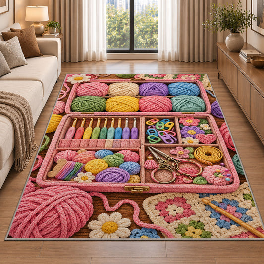 Crochet Supply Box Rug in a bright living room with a sofa