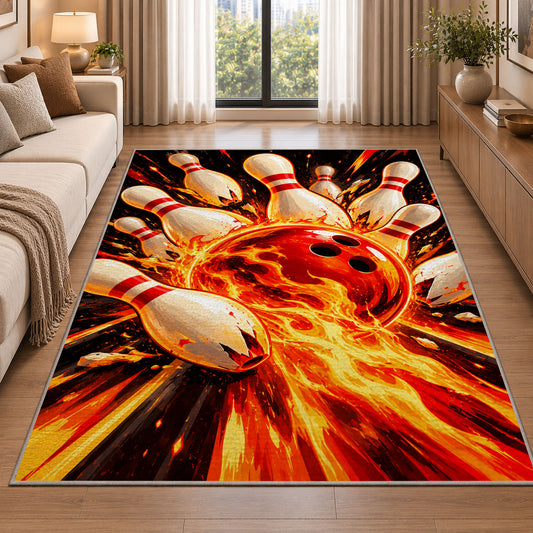 Flaming Bowling Ball Rug in a bright living room with a sofa