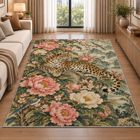 Chinoiserie Leopard and Peony Rug in a bright living room with a sofa