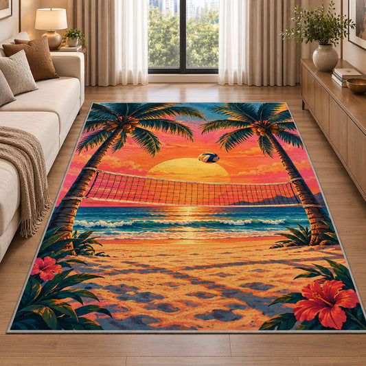 Volleyball Net Between Palms Rug in a bright living room with a sofa