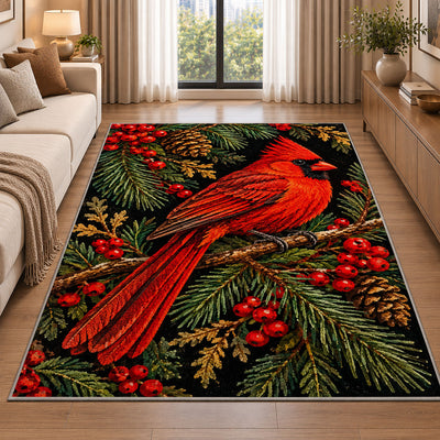 Cardinal on Black Rug in a bright living room with a sofa