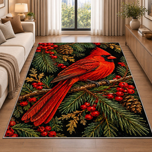 Cardinal on Black Rug in a bright living room with a sofa