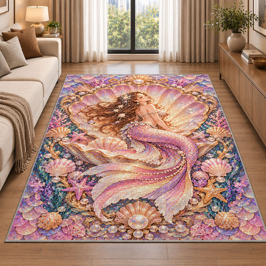 Mermaid in Seashell Frame Rug in a bright living room with a sofa