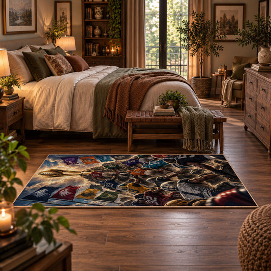 football championship battle scene area rug displayed in a bedroom