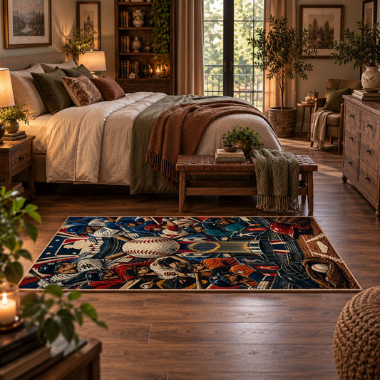 dynamic baseball player collage area rug displayed in a bedroom