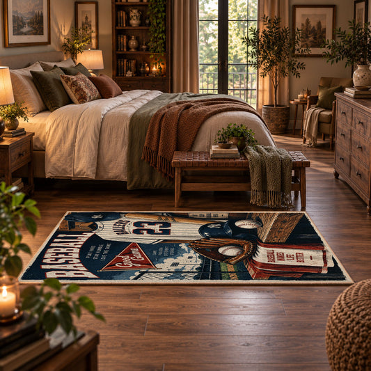 vintage baseball clubhouse collage area rug displayed in a bedroom