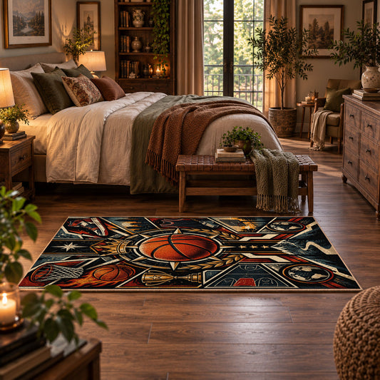 Mechanical Basketball Hoop Rug displayed in a main bedroom