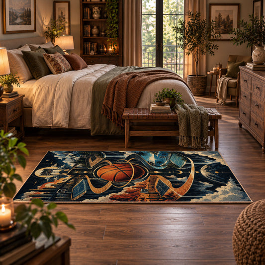 Smoky Basketball Hoop Rug displayed in a main bedroom
