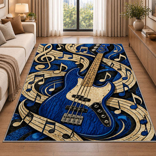 blue bass guitar rug in a bright living room with a sofa