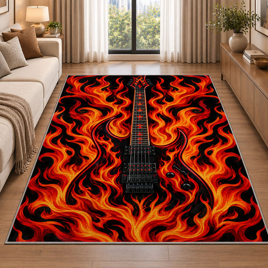 flaming electric guitar rug in a bright living room with a sofa