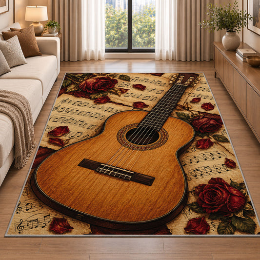 classical guitar sheet music rug in a bright living room with a sofa