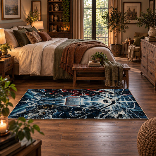 Electric Ice Hockey Puck Rug displayed in a main bedroom