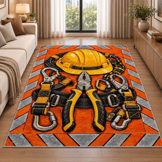 safety orange lineman rug in a bright living room with a sofa