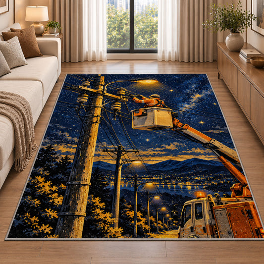 night lineman street light rug in a bright living room with a sofa