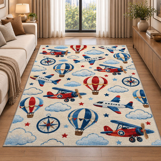 Airplane Pattern Rug in a bright living room with a sofa