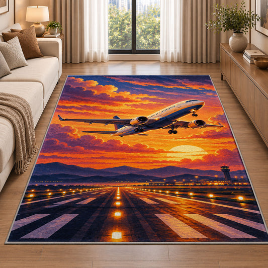 Jet Takeoff Sunset Rug in a bright living room with a sofa