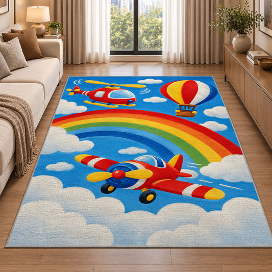 Rainbow Airplane Rug in a bright living room with a sofa