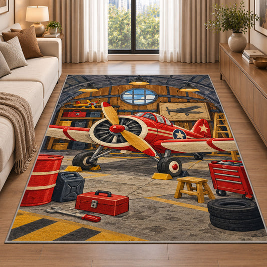 Vintage Airplane Hangar Rug in a bright living room with a sofa