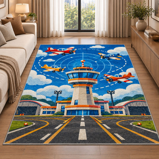 Control Tower Rug in a bright living room with a sofa