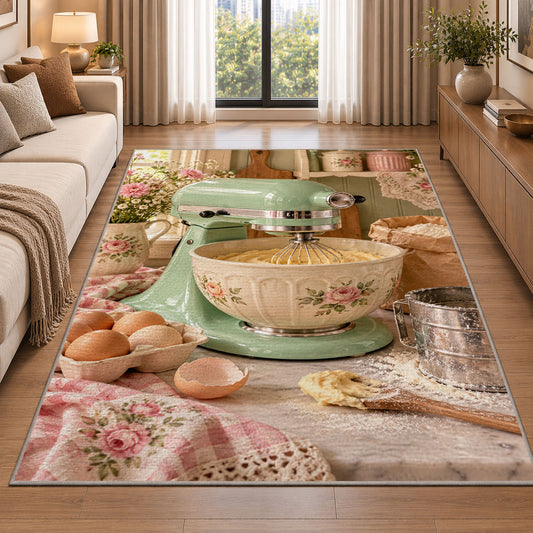 Mint stand mixer rug in a bright living room with a sofa