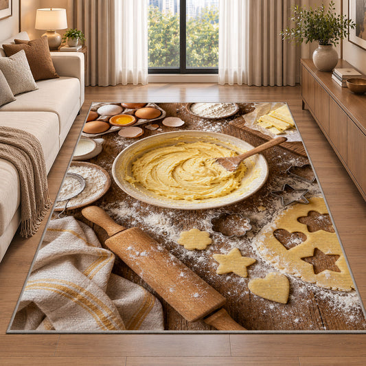 Baking flat lay rug in a bright living room with a sofa