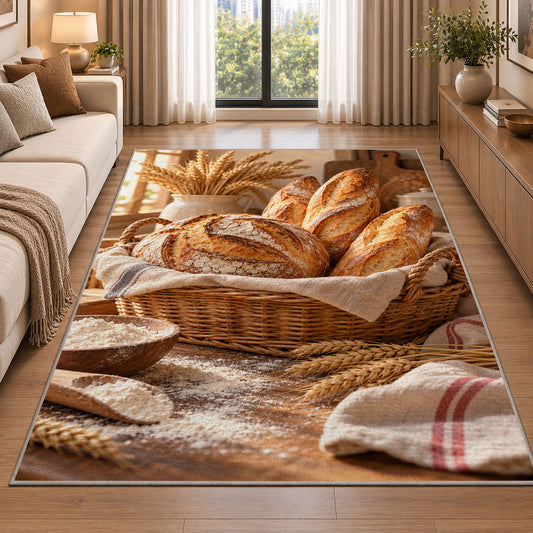 Fresh bread basket rug in a bright living room with a sofa