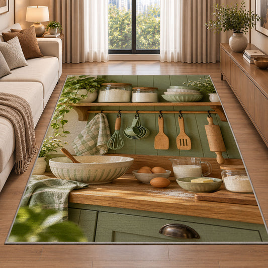 Sage farmhouse baking shelf rug in a bright living room with a sofa