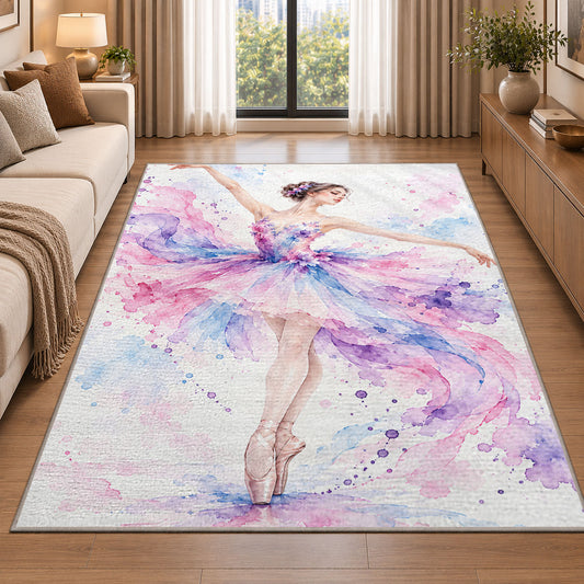 Watercolor ballerina rug in a bright living room with a sofa