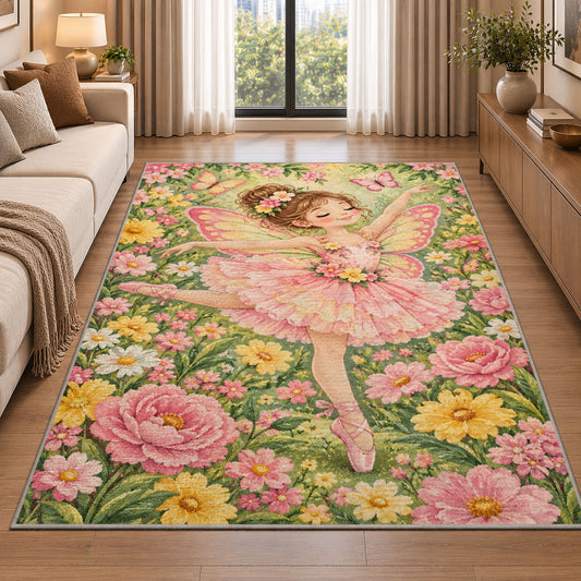 Butterfly fairy ballerina rug in a bright living room with a sofa