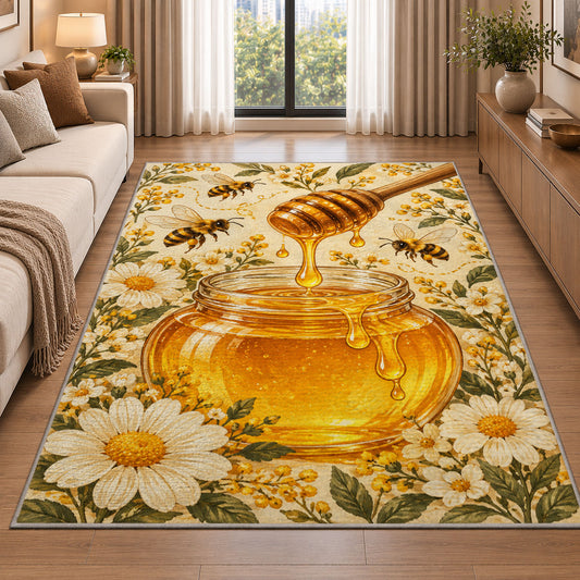 Honey Jar and Dipper Rug in a bright living room with a sofa