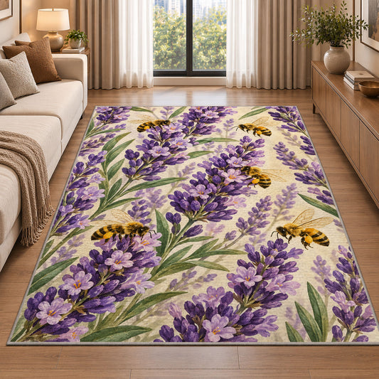 Lavender and Bees Rug in a bright living room with a sofa